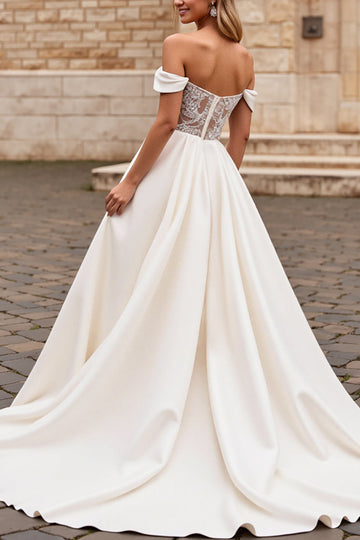 lvory A Line Off The Shoulder Satin Long Wedding Dress